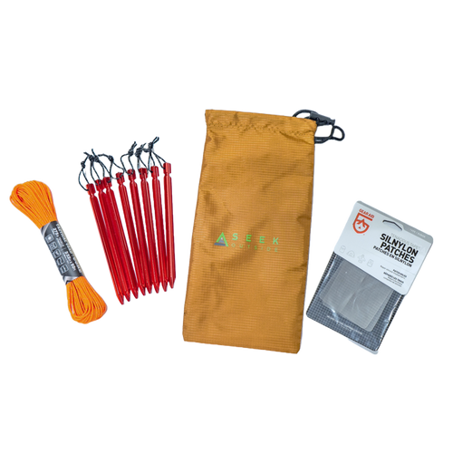 MSR stakes, atwood cordage, gear aid silnylon patches, kit