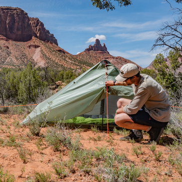 sunlight 2p trekking pole tent lifestyle photo. Zipperless entry