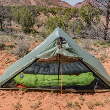 sunlight 2p trekking pole tent lifestyle photo. Zipperless entry