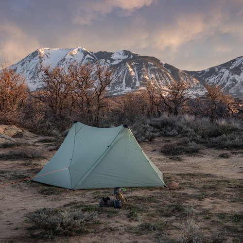 sunlight 2p trekking pole tent lifestyle photo. Zipperless entry